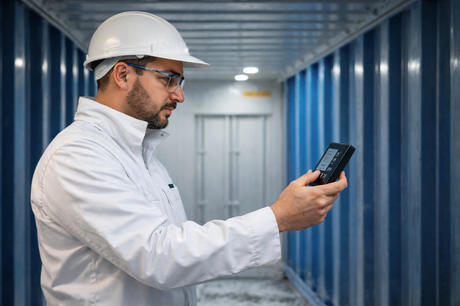 Cold chain logistics professional inspecting temperature monitoring equipment in refrigerated container